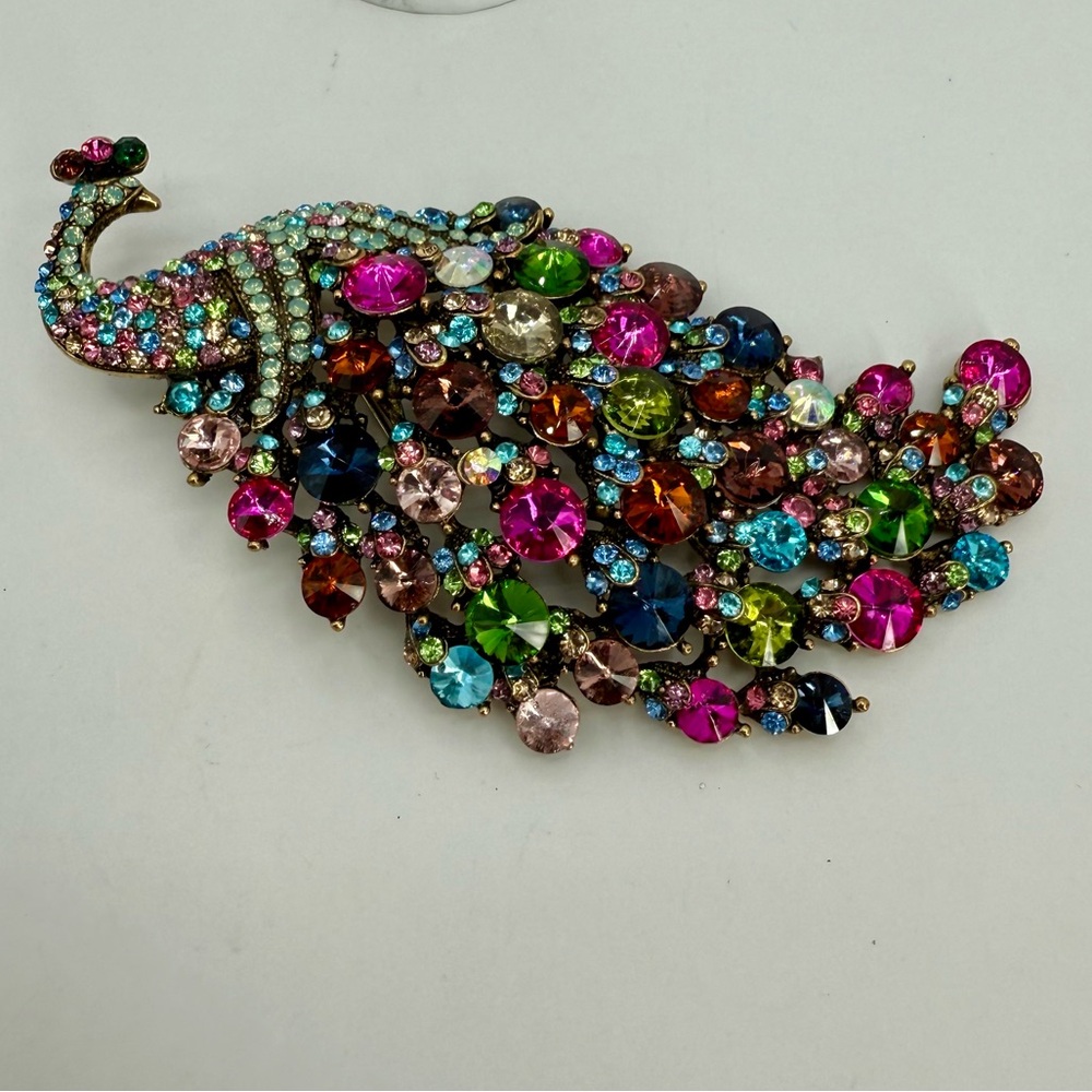 Kirk’s Folly Large Multicolor Rhinestone Peacock Brooch Pin/Pendant 5” Statement - Picture 5 of 17